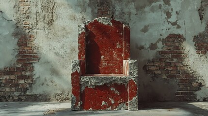 Stone Throne in Abandoned Brick Room Red and Gray Aged Interior Decoration Concept