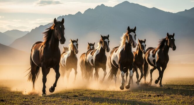 Herd of Wild Horses Galloping Across a Dusty Meadow at Sunset