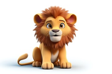 Cute cartoon lion sitting on a white background, showcasing its playful expression and fluffy mane