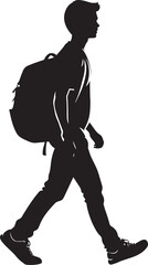 Walking with Schoolbag A full-length black vector of a student holding their bag, moving between activities.
