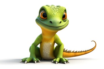 A cheerful green lizard character with bright eyes and a playful pose against a white background
