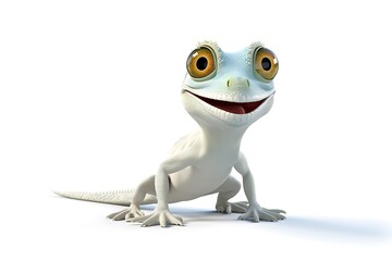 Friendly cartoon lizard character smiling cheerfully in a bright, minimalistic setting