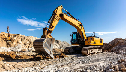 Yellow excavator machine digging in a construction site under a clear blue sky.