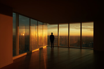 Person standing alone in a modern high-rise during sunset contemplating the city skyline