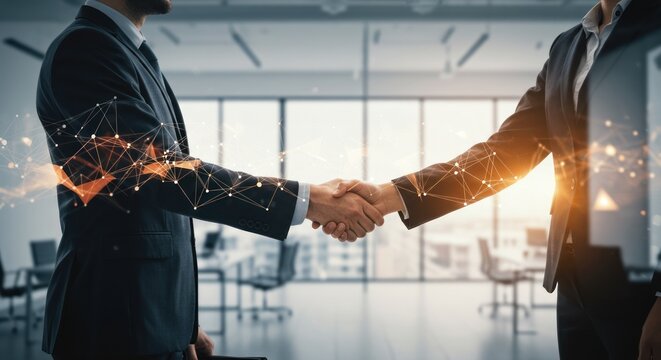 Two business people shaking hands in an office with a city overlay.