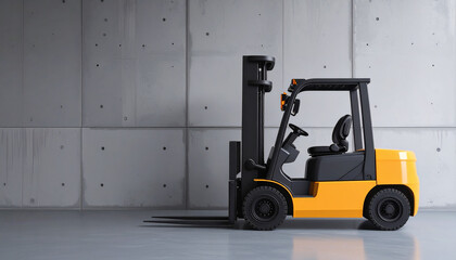 A vibrant yellow forklift stands in front of a concrete wall, ready for operation.