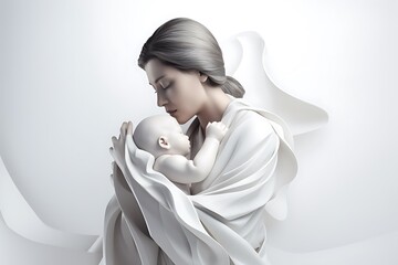 Serene mother cradles her infant in a minimalist, ethereal setting with flowing white fabric