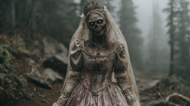Zombie bride with blood-stained wedding gown and cracked porcelain mask, walking slowly through a foggy forest with eerie glowing eyes. zombie bride, scary wedding, horror hallowee