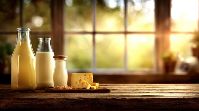 Fresh dairy products on a wooden table, conveying rustic simplicity and natural freshness.