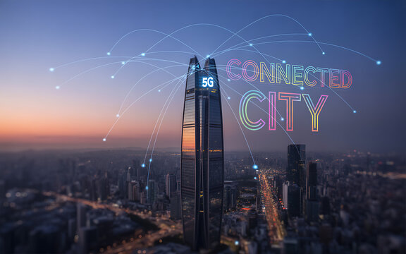 Aerial view of a connected city at sunset with 6g technology and futuristic network, showcasing urban innovation and technological advancement in a modern cityscape