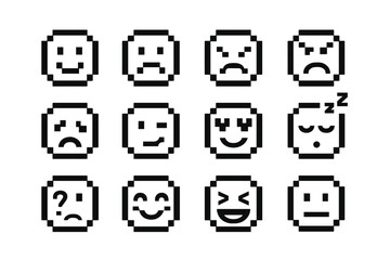 Pixel Emotions Icons. Line style icons of pixel emotions: pixel smiley, pixel sad face, pixel angry face, pixel surprised face;