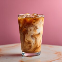 Iced Coffee Swirls in Glass on Marble Table with Pink Backdrop