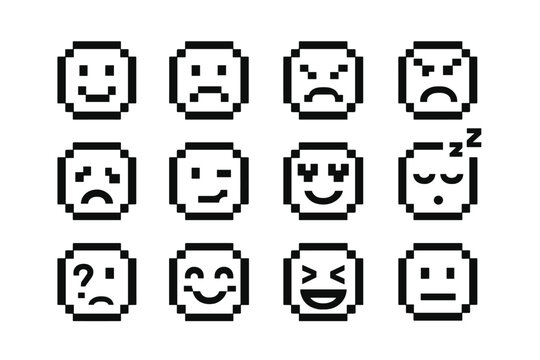 Pixel Emotions Icons. Line style icons of pixel emotions: pixel smiley, pixel sad face, pixel angry face, pixel surprised face;