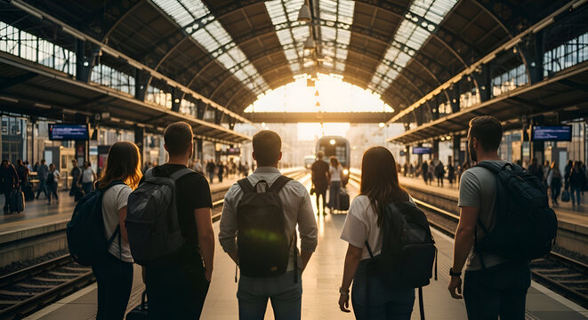 A group of friends waiting for the train at the station