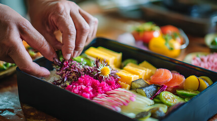 Culinary Harmony: Hands artfully arrange colorful fresh food in a bento box, creating a delicious edible artwork, inviting a sense of joy and healthy living.