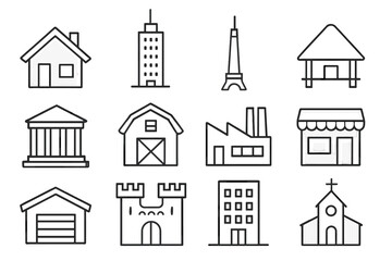 Monochrome Building Icons. Line style icons of monochrome buildings: monochrome house, monochrome skyscraper, monochrome tower,