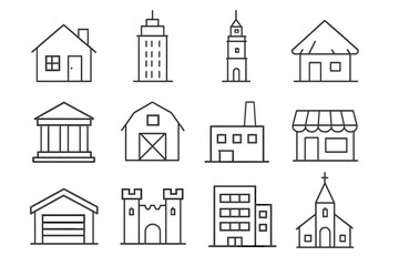 Fototapeta premium Monochrome Building Icons. Line style icons of monochrome buildings: monochrome house, monochrome skyscraper, monochrome tower,