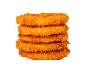  Golden Stack of Crispy Fried Onion Rings on White Plate, Front View, isolated on transparent background PNG