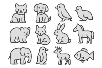 Grayscale Animal Icons. Line style icons of grayscale animals: grayscale cat, grayscale dog, grayscale bird, grayscale bear;