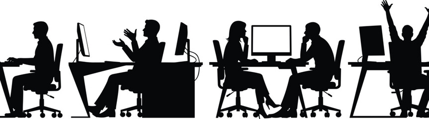 Silhouette of office workers communicating, working on computers, discussing ideas, collaboration, teamwork, business meeting, productivity, modern workplace, success, 