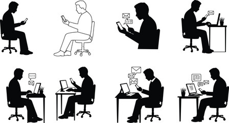 Silhouette of office worker using smartphone, receiving emails, texting, multitasking, remote work communication, digital messages, modern workspace technology