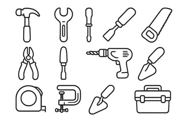 Glossy Tool Icons. Line style icons of glossy tools: glossy hammer, glossy wrench, glossy screwdriver, glossy saw; glossy pliers,