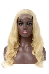 Fototapeta premium Body wavy bleached blonde human hair weaves extensions lace wigs on fake model