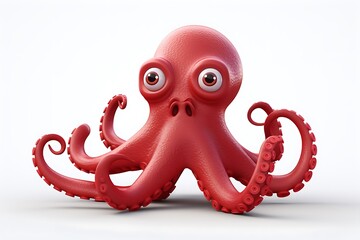 A vibrant red octopus with large eyes and curled tentacles set against a plain white background