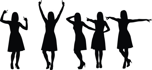 Silhouette of woman in dress posing, dancing, celebrating, different expressive poses, high heels, fashion, confidence, lifestyle, female figure, joy, party mood