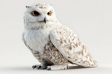 Realistic white owl perched gracefully, showcasing intricate feather details and a neutral background