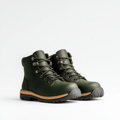 Stylish green hiking boots, perfect for outdoor adventures, white isolate background.