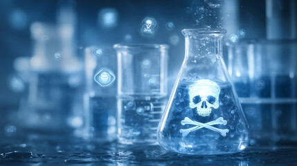Conceptual image of toxic water testing with pipettes, glass containers, and floating labels of contaminants like PFAS and lead, symbolizing pollution detection and environmental a