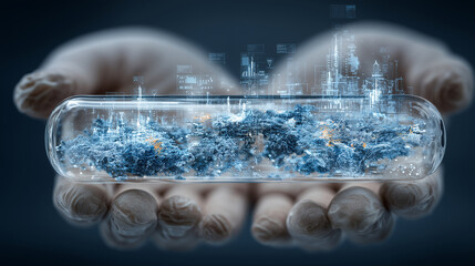 Gloved hands holding glass vial with water sample, floating holographic labels showing contamination levels, futuristic scientific visualization. water purity, digital analysis, co