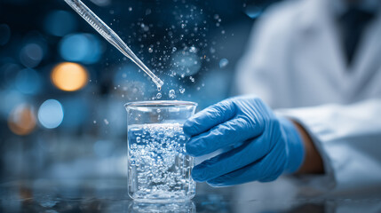 Scientist in laboratory gloves using pipette to test water sample in a beaker, labeled contaminants like PFAS and lead floating above. water testing, PFAS detection, lab analysis,