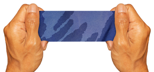 Man Hand Holding Blue Fabric Texture Pieces on Transparent Background. Ideal for Text Space or Creative Project.