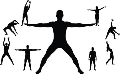 Silhouettes of dancers and athletes in various stretching poses, fitness, balance, strength, flexibility, male and female figures, dynamic movement, performance, exercise, energy, grace, 