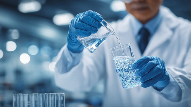 Environmental scientist pouring water sample into flask, modern laboratory setup with advanced testing devices. keywords: environmental science, lab testing, chemical pollution, cl