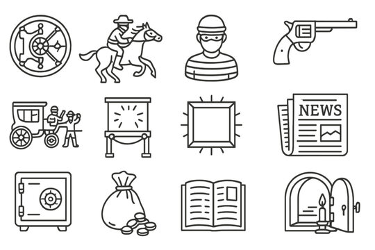 Historic Robbery Icons. Line style icons of historic robbery scenes: old vault door, horse escape icon, black-and-white mask