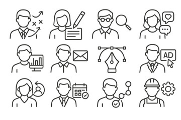 Digital Marketing Team Icons. Line style icons of digital marketing team roles: strategist head, content writer, SEO expert,