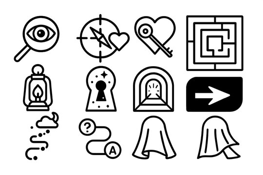 Symbolic Search Icons. Line style icons of symbolic search imagery: eye in magnifier, compass and heart, spiral with key, open