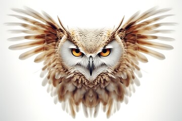 Majestic owl with outstretched wings, showcasing its fierce gaze against a soft white background