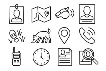 Missing Person Icons. Line style icons of missing person investigation: photo pinned, map route icon, whistle call, alert flyer;