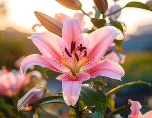 Fototapeta premium Close-up of a delicate pink lily in sunset light