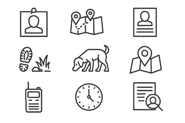 Missing Person Icons. Line style icons of missing person investigation: photo pinned, map route icon, whistle call, alert flyer;