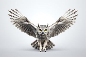 Majestic owl in mid-flight, wings spread wide, against a soft gray background, showcasing its beauty