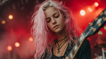 Naklejka premium A beautiful rock girl pink hair playing guitar in the club , red spotlight is background.