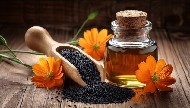 black cumin seed oil in glass jar with wooden scoop and vibrant flowers on rustic wooden surface