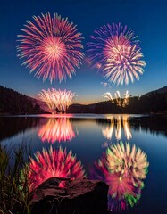 Fireworks reflecting on a calm lake