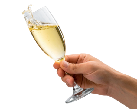 Hand Raising Champagne Glass in Toasting Gesture, angled upward view, isolated on transparent background PNG