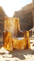 Sunlight Shimmers on Golden Rock Chair in Desert Canyon Landscape Art Rendering